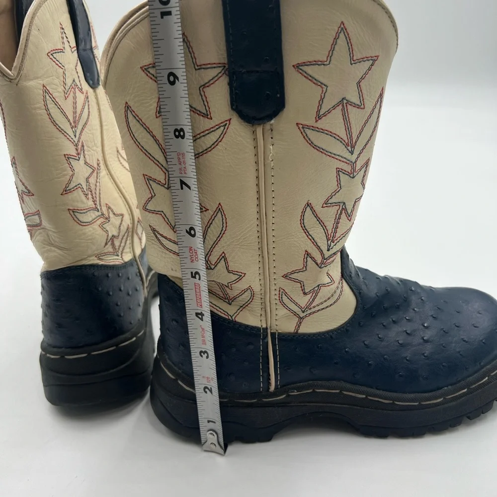 Cimarron Footwear Kids Western Cowboy Boots Navy‎ Ostrich Star Embroidery 3.5Y